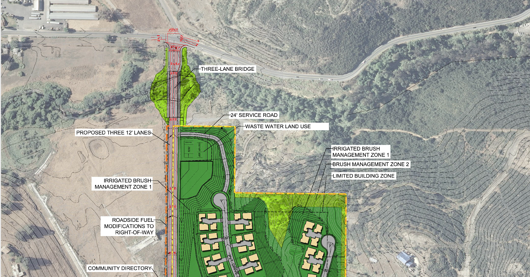 The entrance to the proposed Harmony Grove Village South (HGVS) development and the single exit for the community to the intersection of Country Club Drive and Harmony Grove Rd. The road that parallels the Escondido Creek is Harmony Grove Road, which the county’s wildfire risk analysis